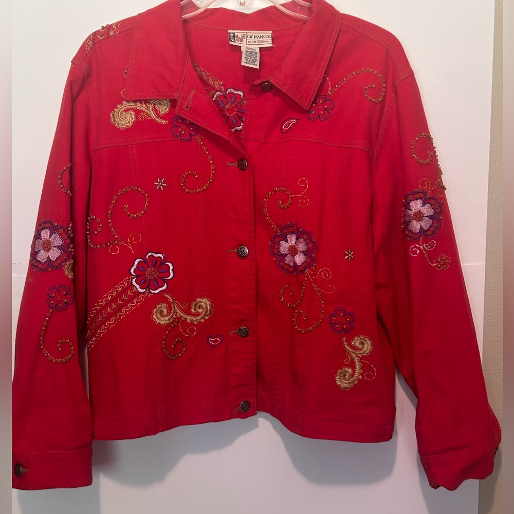 GW Jeans Co - Floral Embroidered Red Jean Jacket